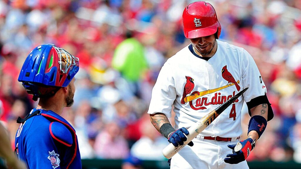 Yadier Molina shattered his bat while attempting to tap home plate