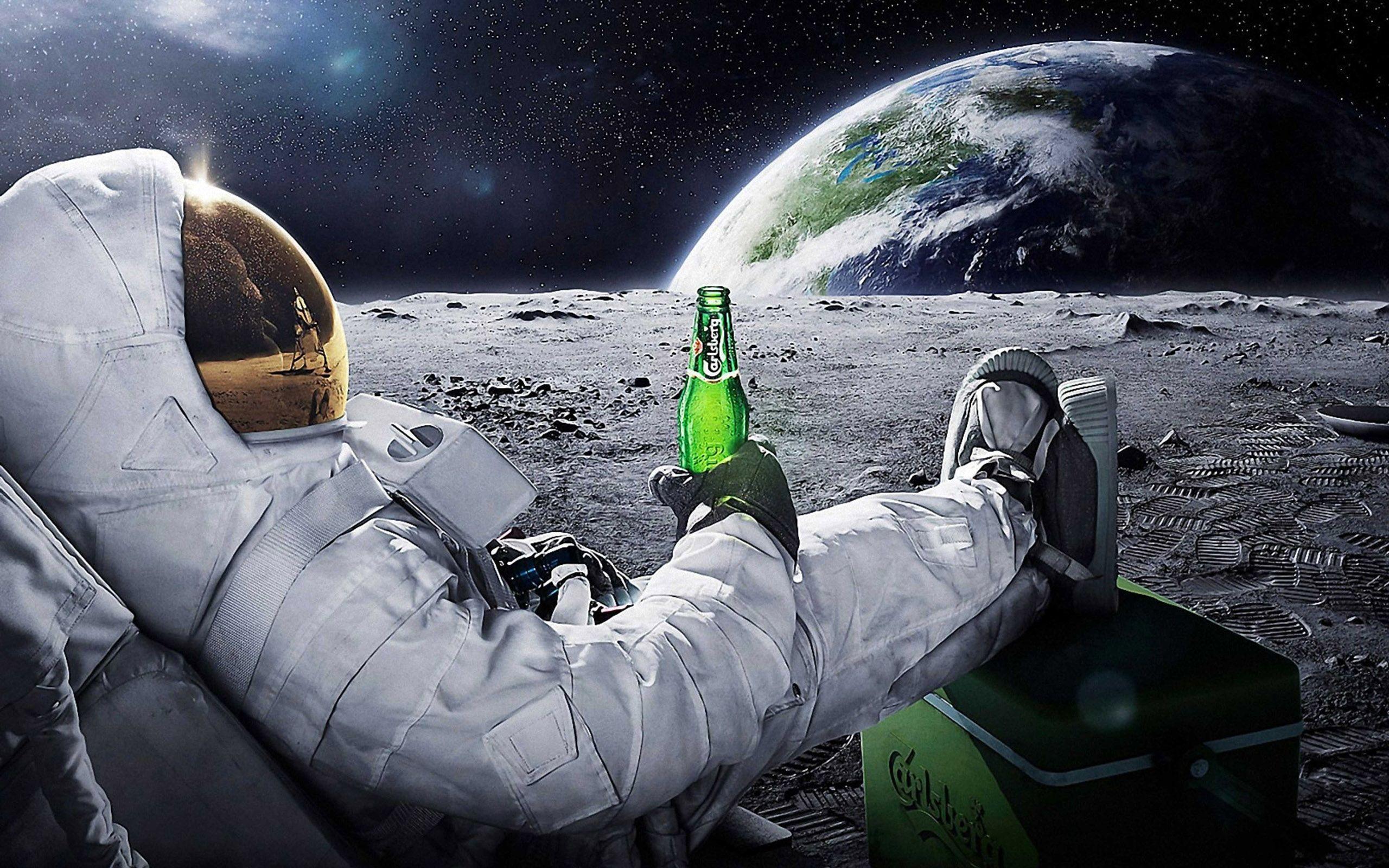 Astronaut Drinking Carlsberg Beer Moon Space Wallpapers