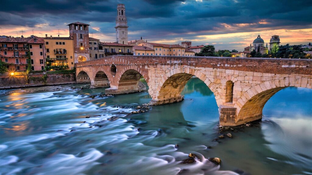 Download Italy, Verona, Bridge, Dark Clouds, Buildings