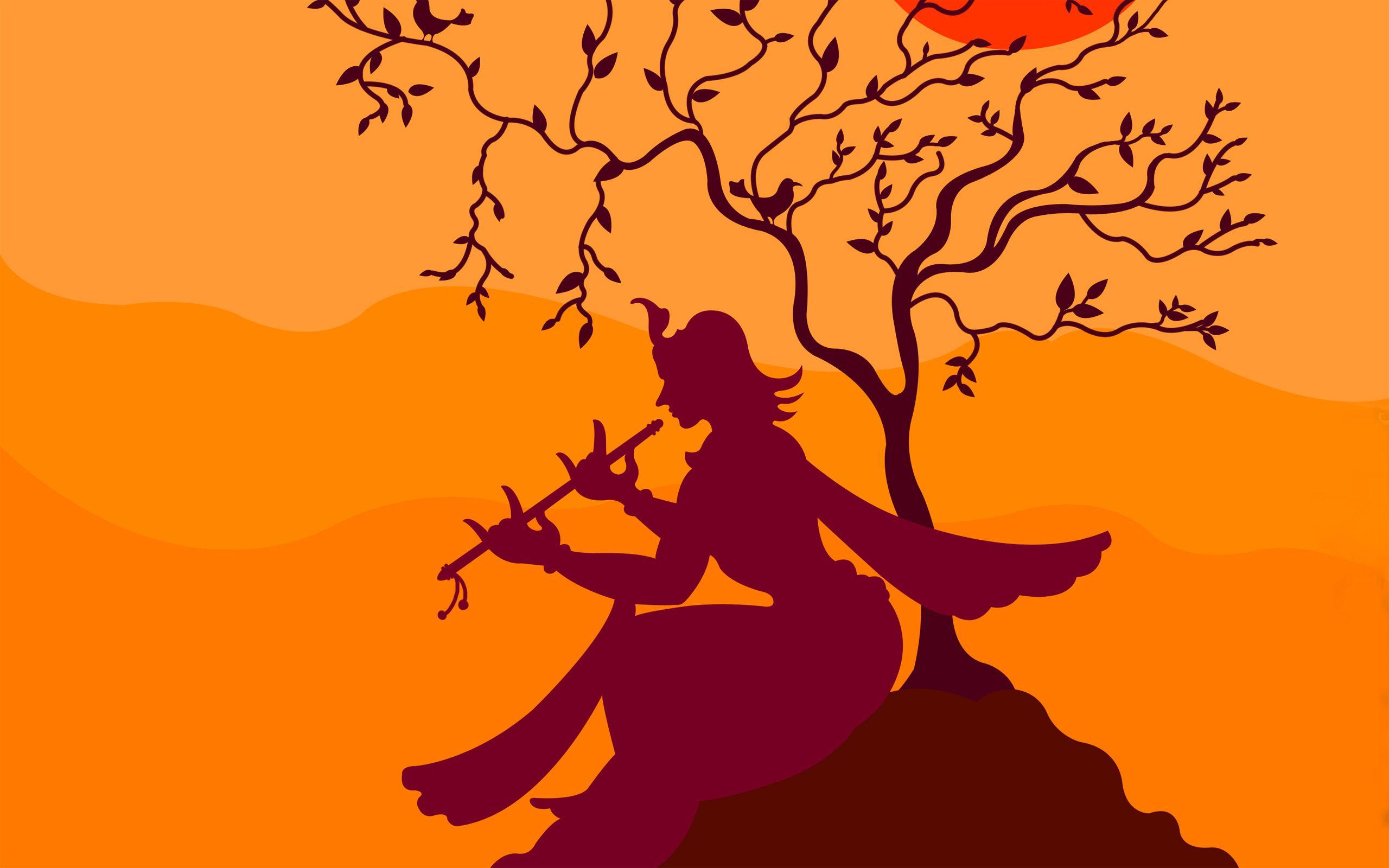 Krishna Playing Flute Under Tree Wallpapers