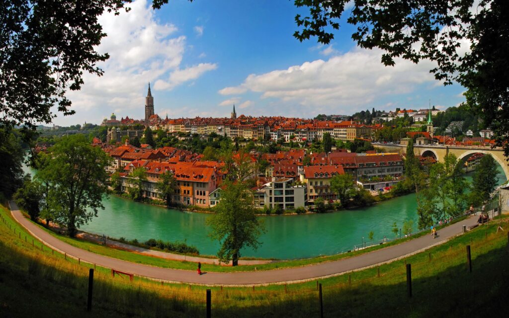 Wallpapers Bern, Switzerland, city, river, houses, road, bridge