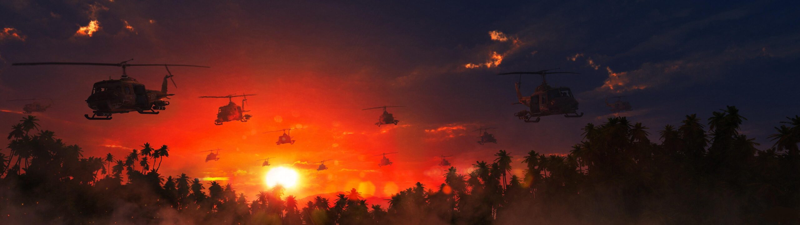Wallpaper Helicopters US Vietnam War Sunrises and sunsets