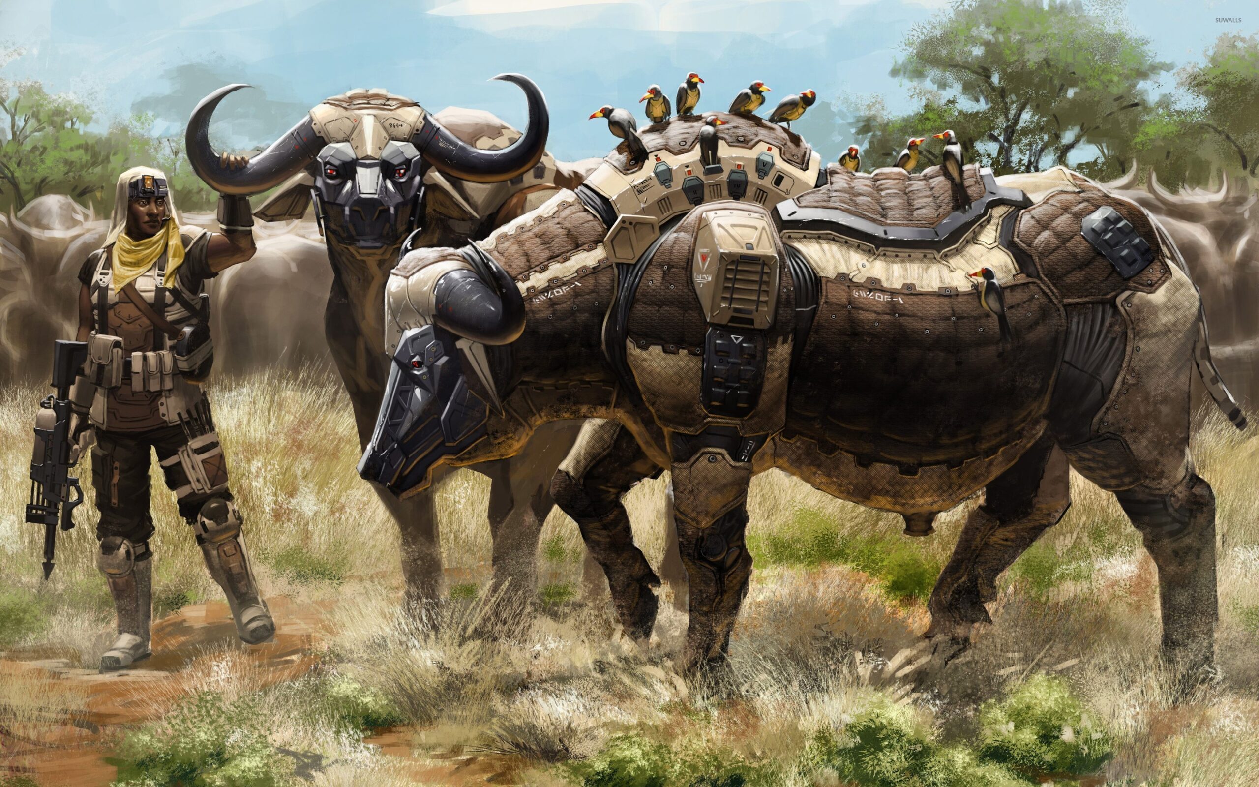 Soldier with robot buffalo herd wallpapers