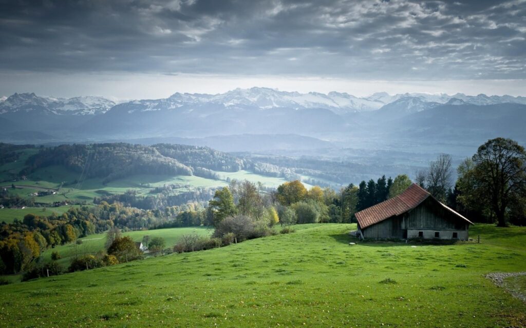 Download Mountain, Dark Clouds, Grass, Field