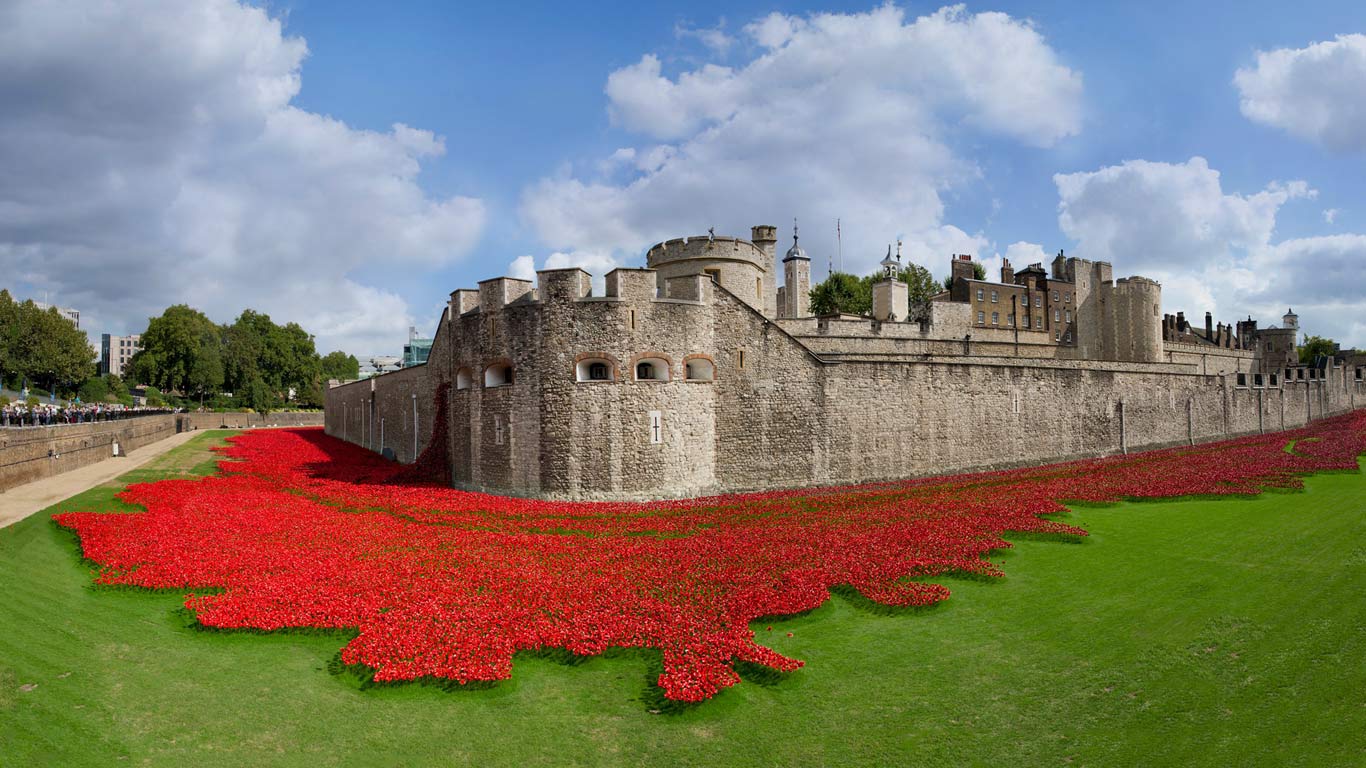 Tower of London surrounded by ceramic poppies, art installation