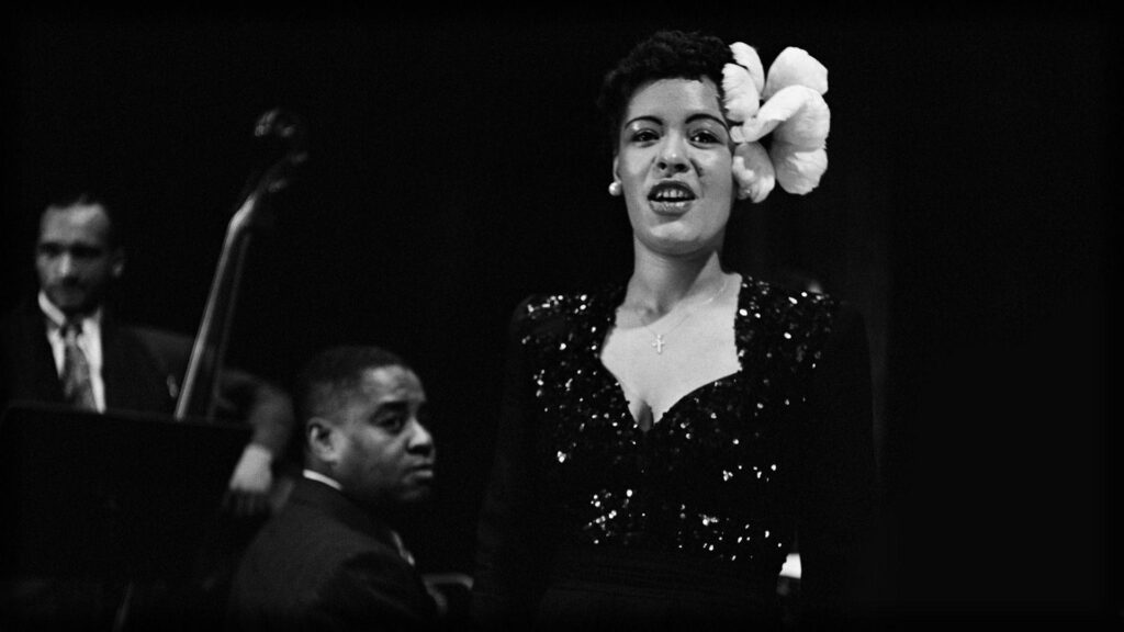 Download Wallpapers billie holiday, flower, soloist, girl