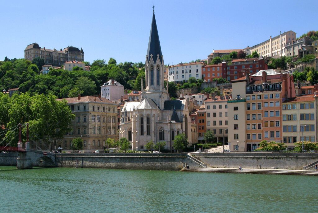 Church on the waterfront in the city of Lyon, France wallpapers