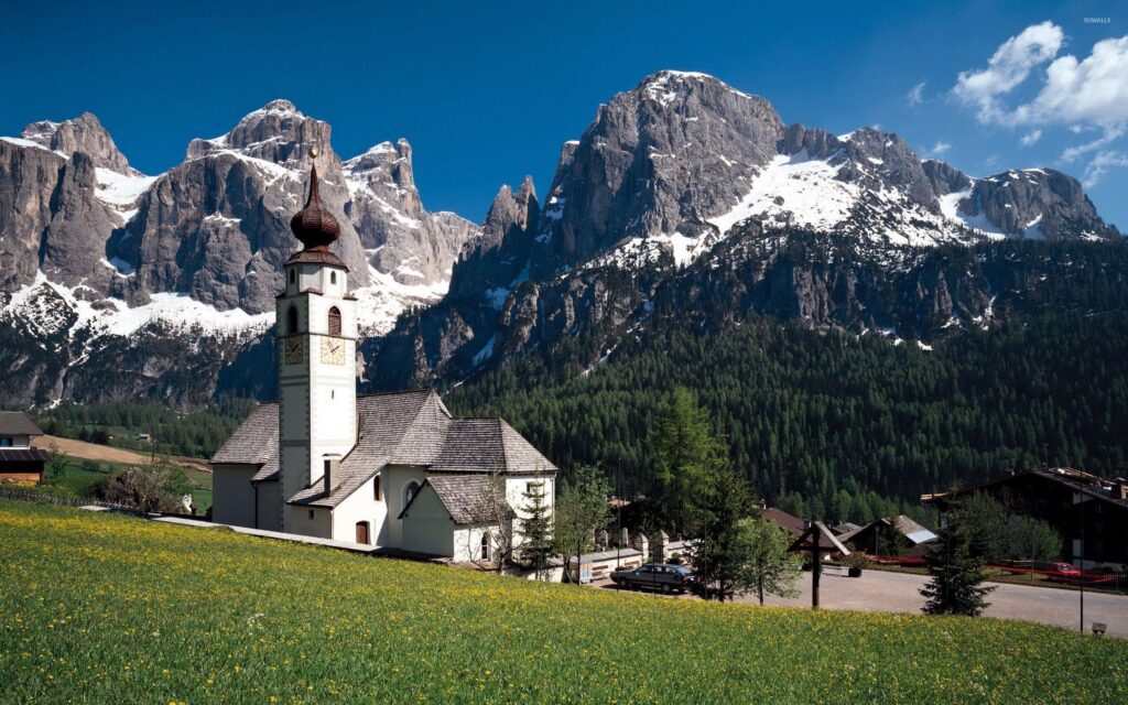 White church in the rocky mountains wallpapers