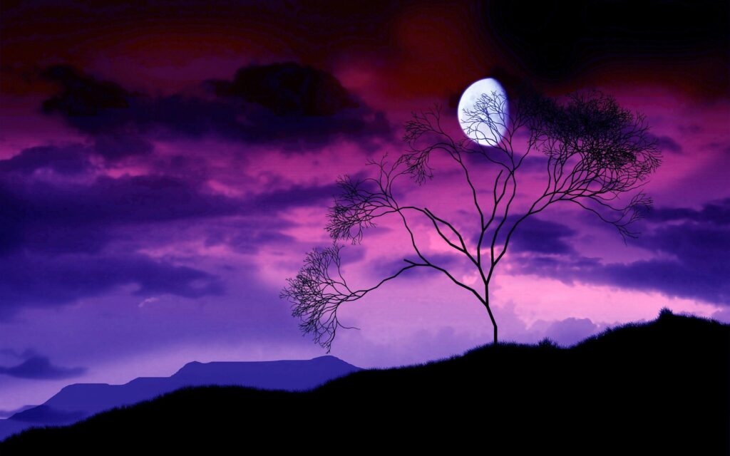 Artistic night scene of a gibbous moon in a sky with purple and