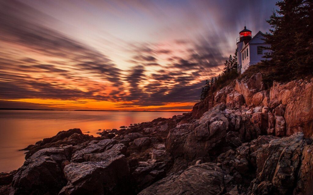 Acadia national park sunset lighthouse 2K wallpapers