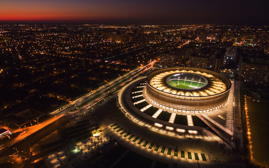 Download wallpapers Krasnodar Stadium, evening, city panorama