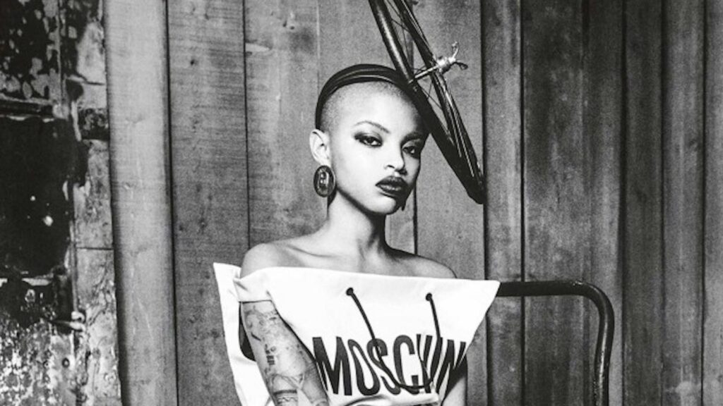 Slick Woods makes a shopping bag chic in Moschino’s newest campaign