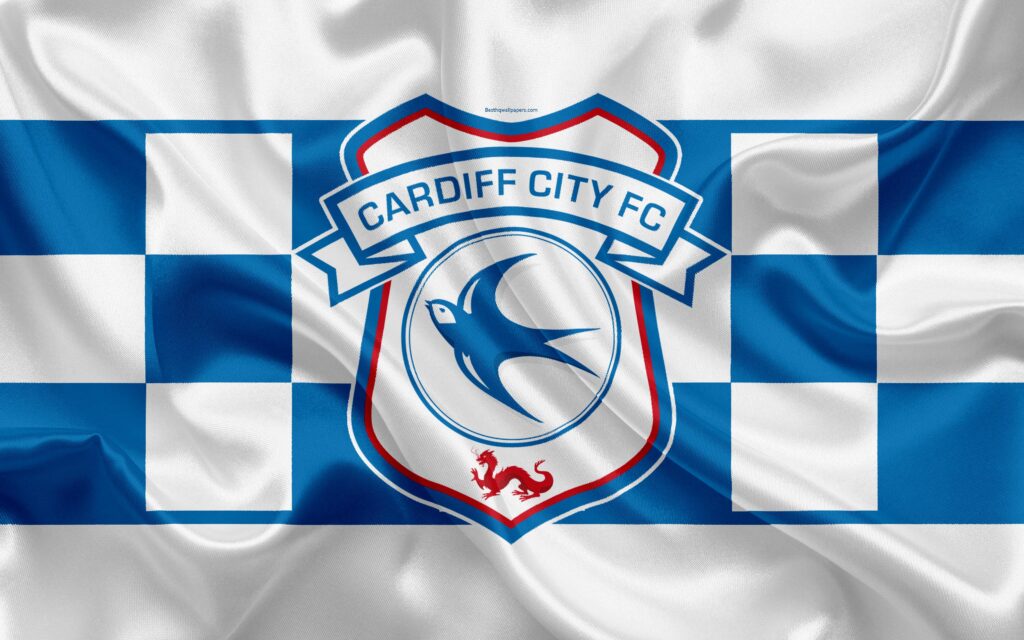 Download wallpapers Cardiff City FC, silk flag, emblem, logo, k