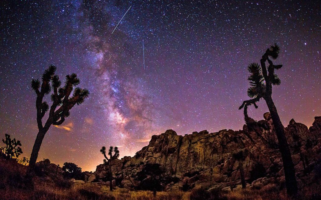 Star Sky In Summer The Milky Way Desert Area With Rock Cactus