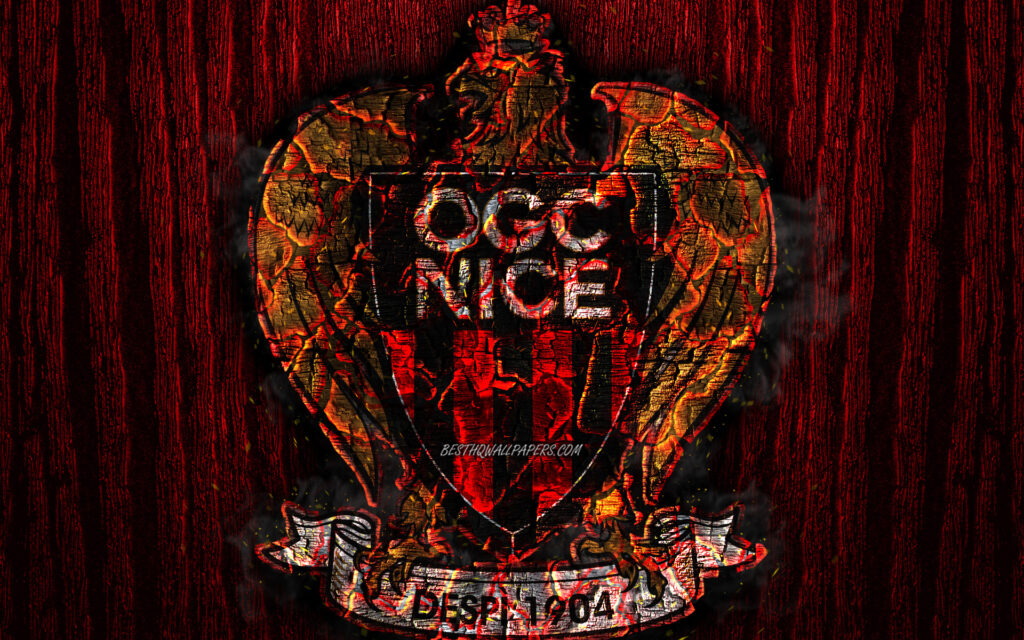 Download wallpapers OGC Nice, scorched logo, Ligue , red wooden