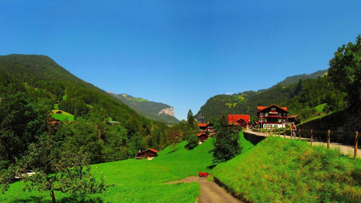 Mountains landscapes nature trees houses Switzerland Bern