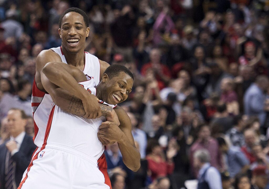 DeMar DeRozan jumps over Kyle Lowry for exhibition dunk