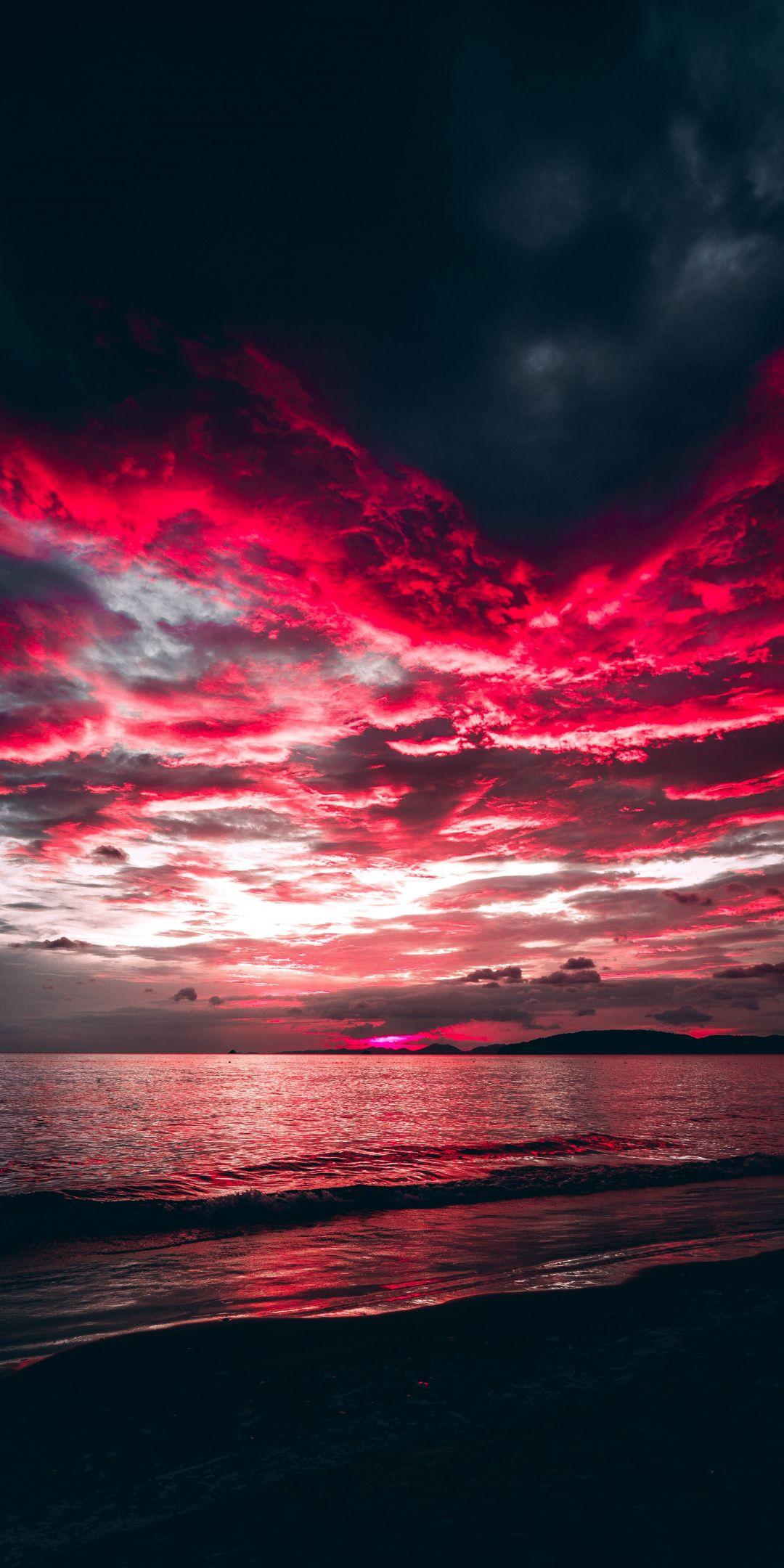 Sea, sunset, red clouds, nature, wallpapers