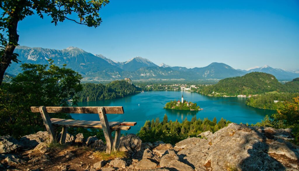 Lake Bled, Mountains, Tree, Bench, Bled, Slovenia Wallpapers Hd