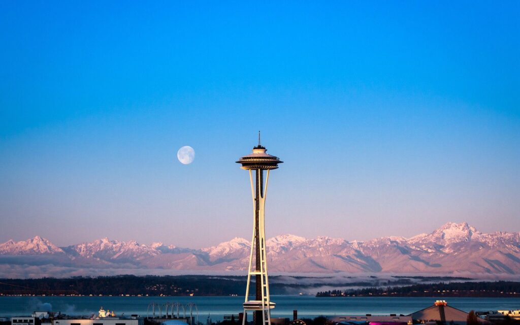 Seattle washington space needle sky clouds mountains cities