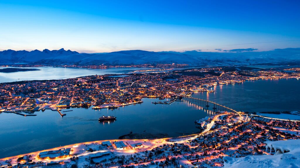 Wallpaper Norway Tromso Rivers night time Cities Building