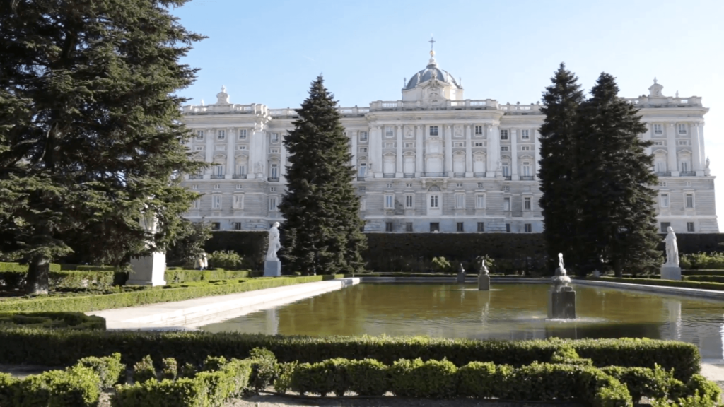 Royal Palace of Madrid garden and pond Stock Video Footage