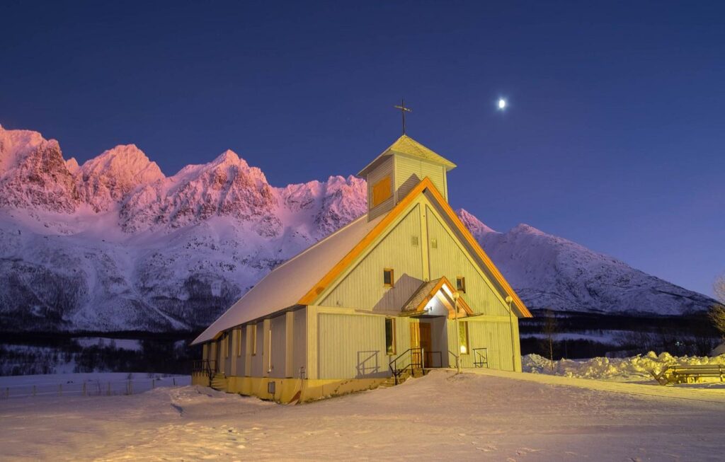 Wallpapers winter, night, Norway, Church, Norway, Troms County