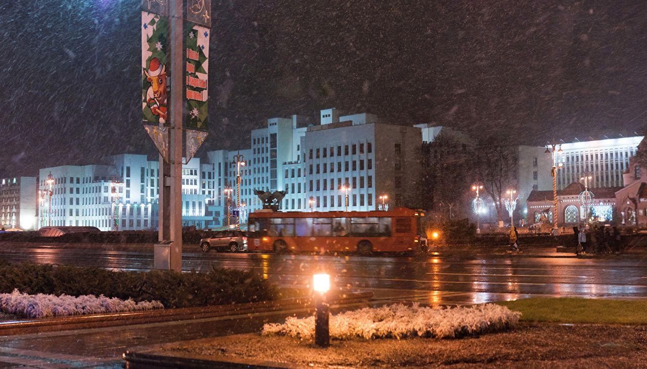 Picture Belarus Minsk Winter Snow Street Night Street lights Cities