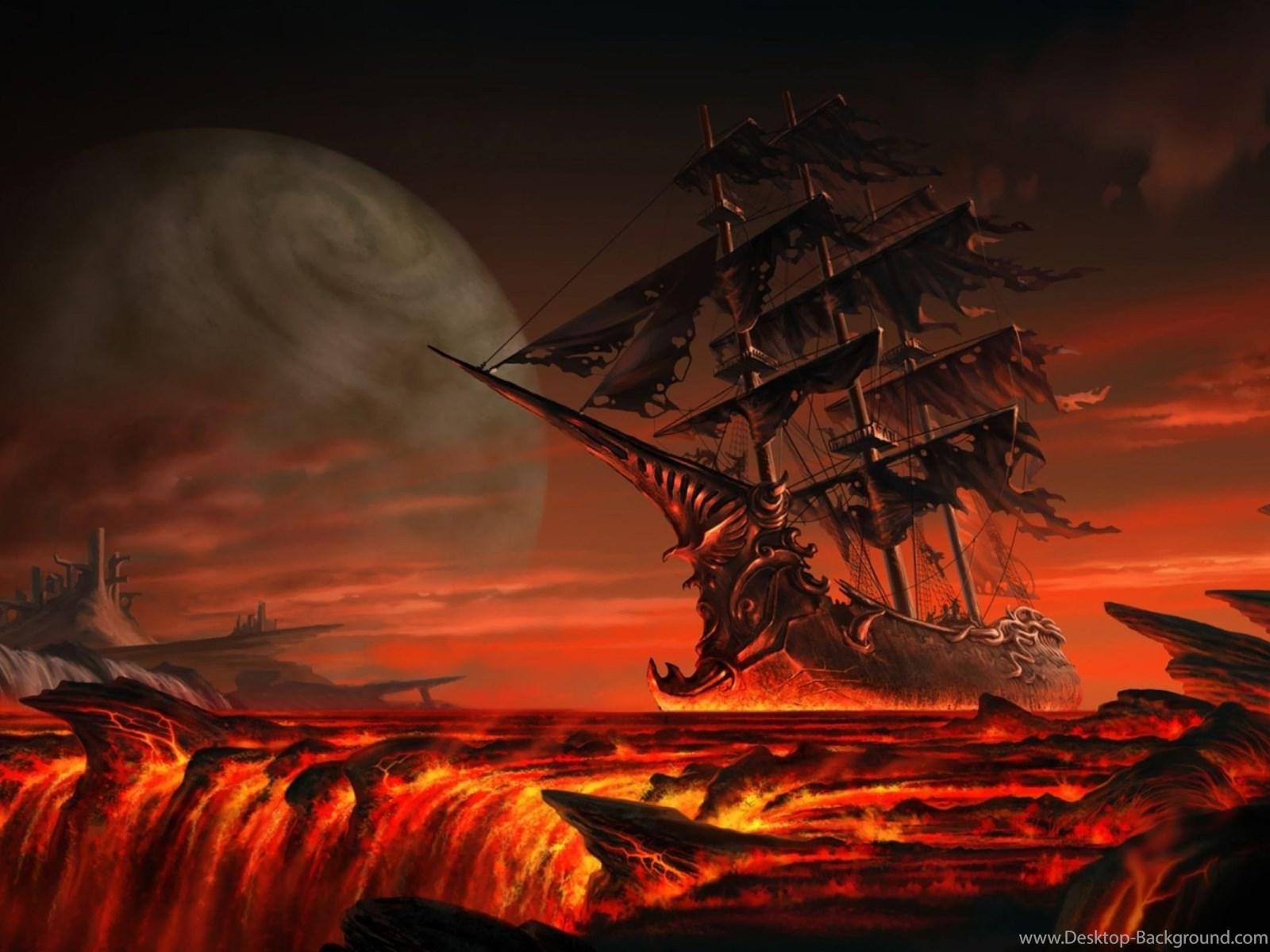 Ghost Ship Floating On Lava Wallpapers Fantasy Wallpapers Desktop