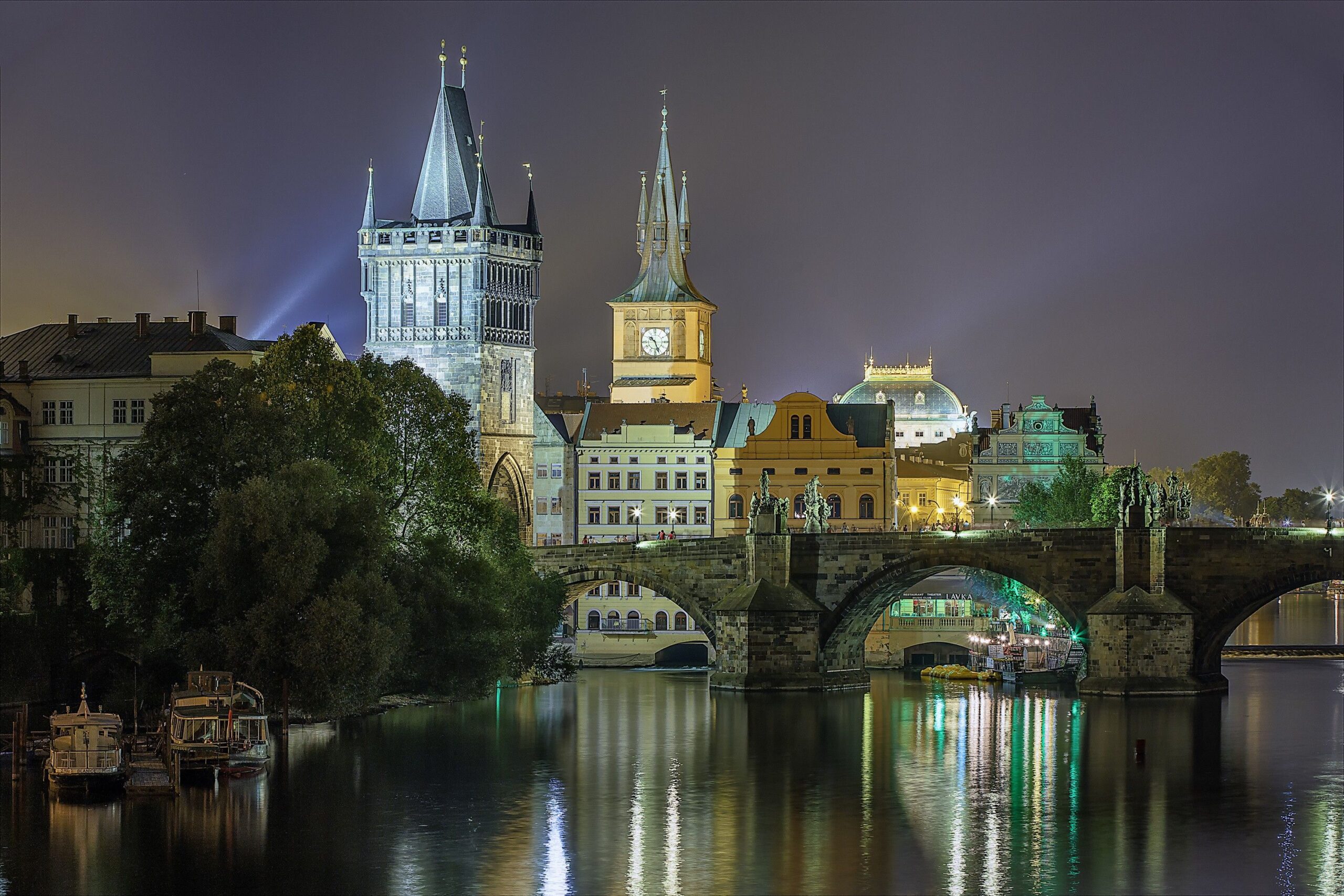 Ancient Prague Night Reflection River Buildings Lights Charles