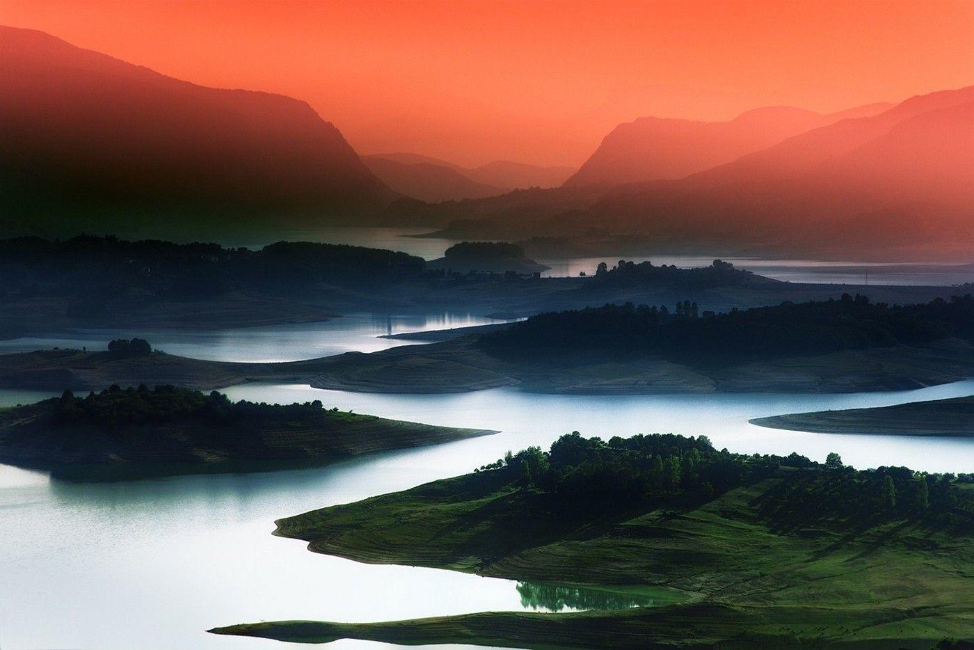 Nature, Landscape, Lake, Sunrise, Mountain, Mist, Red, Sky, Blue