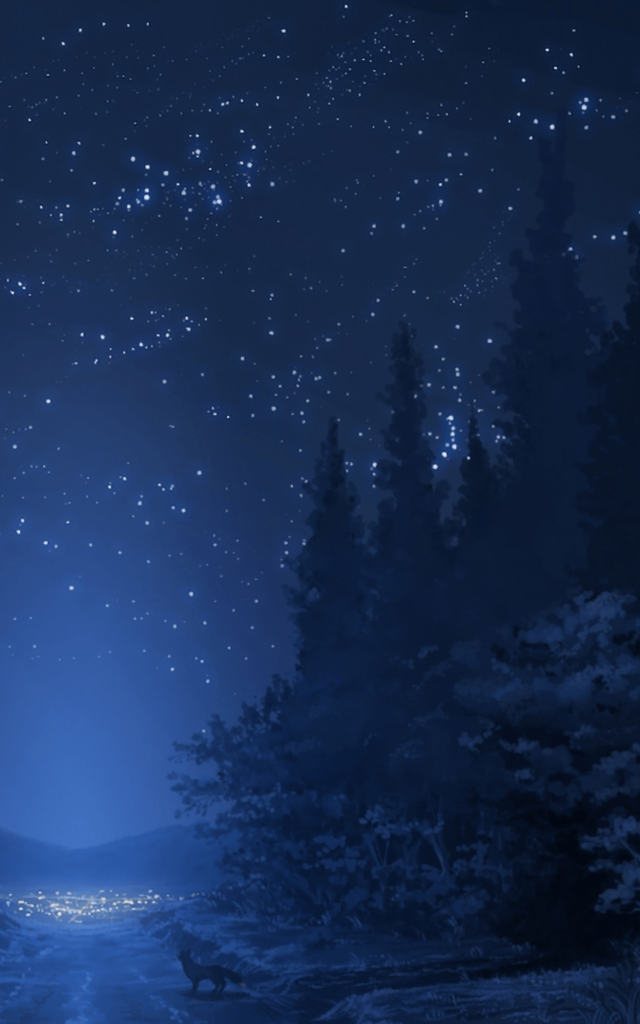 Download Anime Landscape, Forest, Night, Stars, Wolf