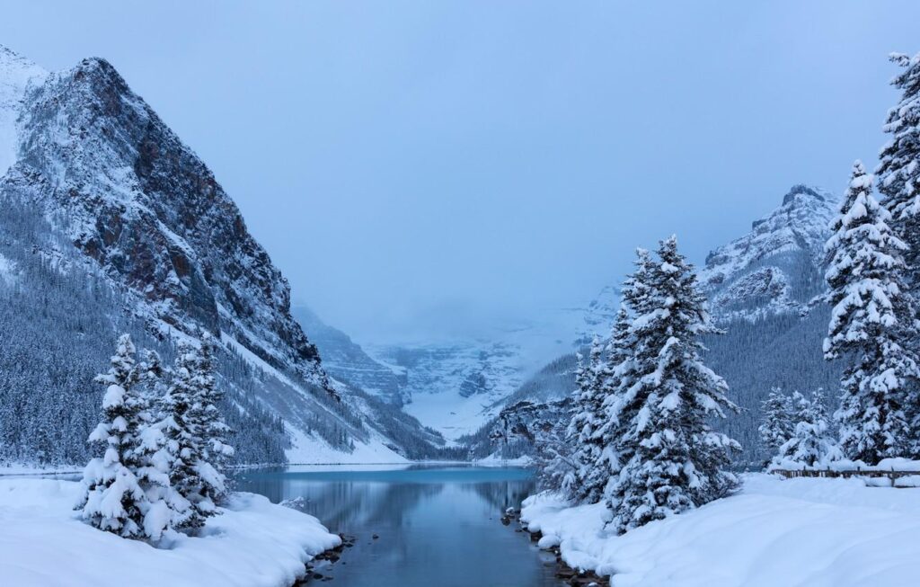 Wallpapers winter, snow, trees, mountains, lake, ate, Canada, Albert