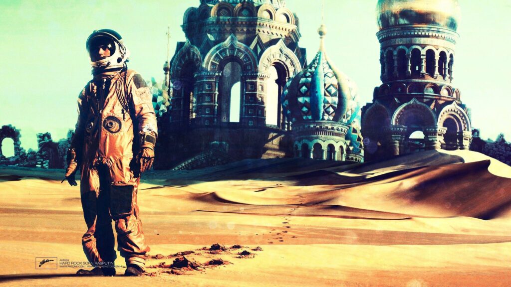 Cosmonaut in an abandoned church in the desert wallpapers and