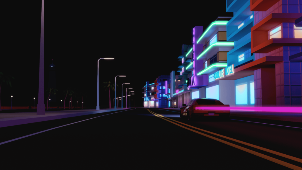 Wallpapers street, night, car, render, urban, building, road, CGI
