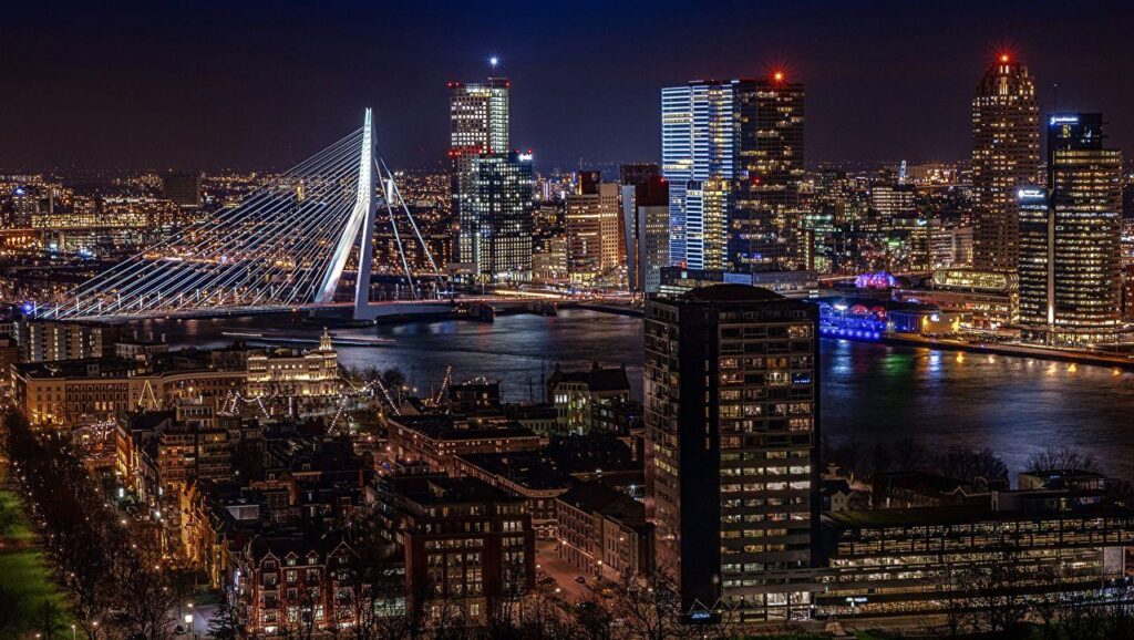 Pictures Rotterdam Netherlands Bridges Night Rivers Cities Houses
