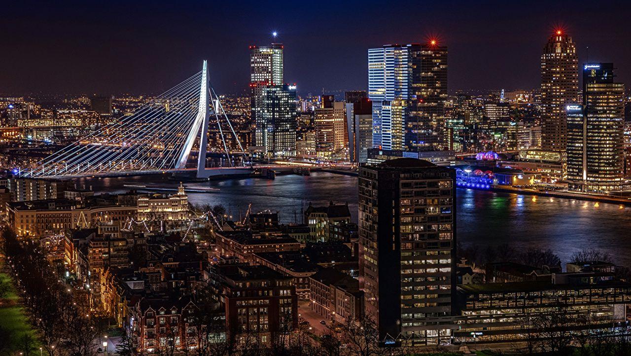 Pictures Rotterdam Netherlands Bridges Night Rivers Cities Houses
