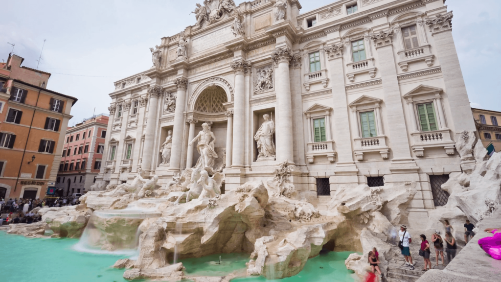 Summer day rome city famous trevi fountain front panorama k time