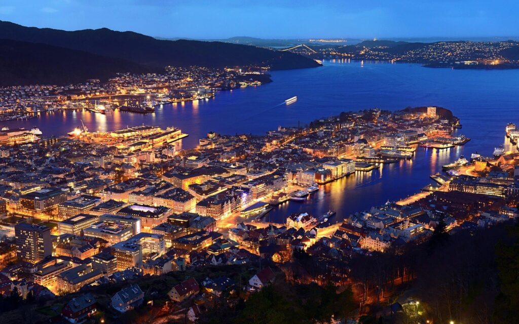 Download wallpapers Bergen, Norway, coast, evening, Hordaland