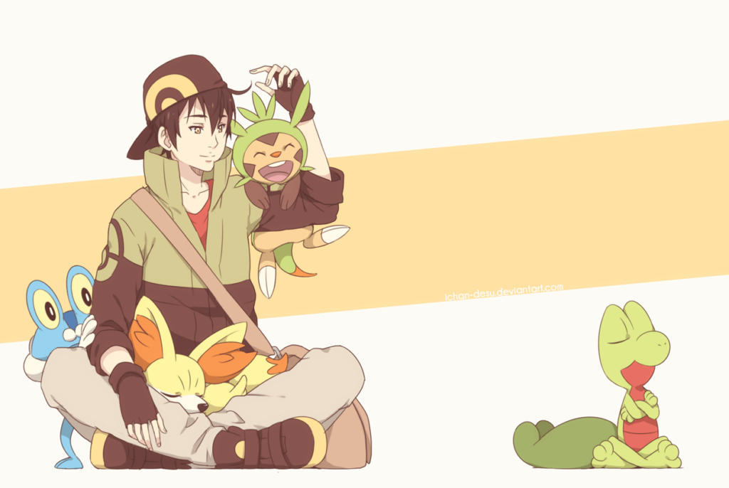 Brown hair, chespin, fennekin, froakie, hat, pokemon, treecko