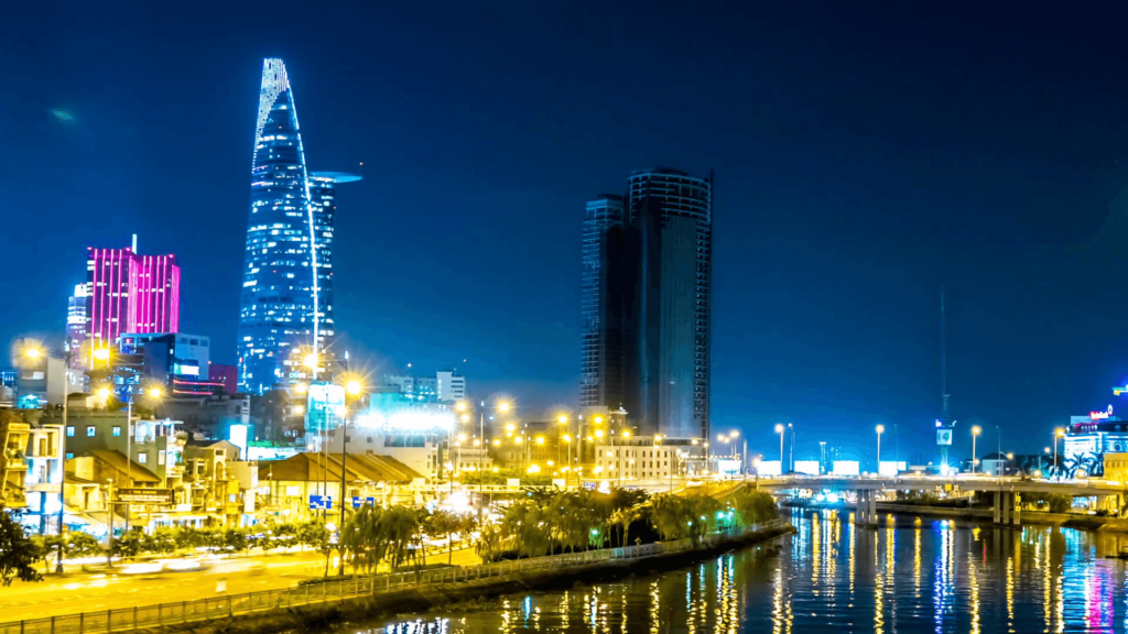 View of the river in Ho Chi Minh City at night Stock Video Footage