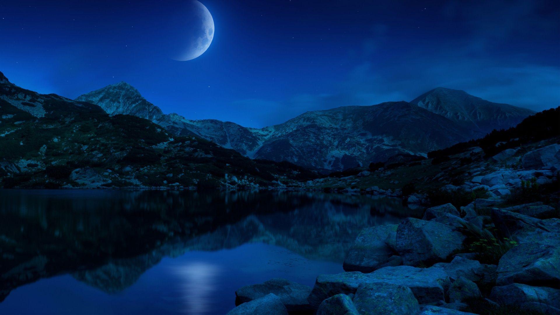 Night Half Moon Mountains Lake Bulgaria Wallpapers in K format for