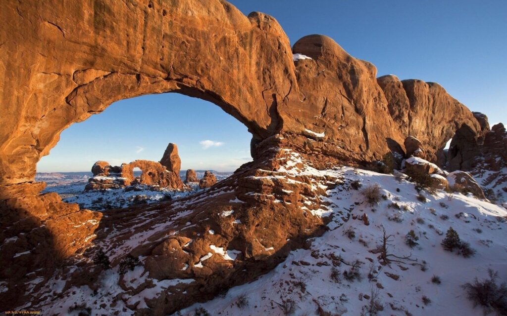 Landscape, Rock Formation, Arch, Snow, Utah Wallpapers 2K | Desktop