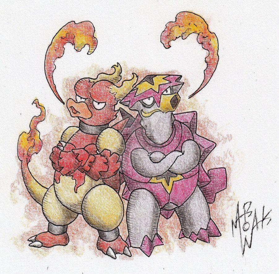 Turtonator and Magmar, the fiery flaming bros by MARWAK on