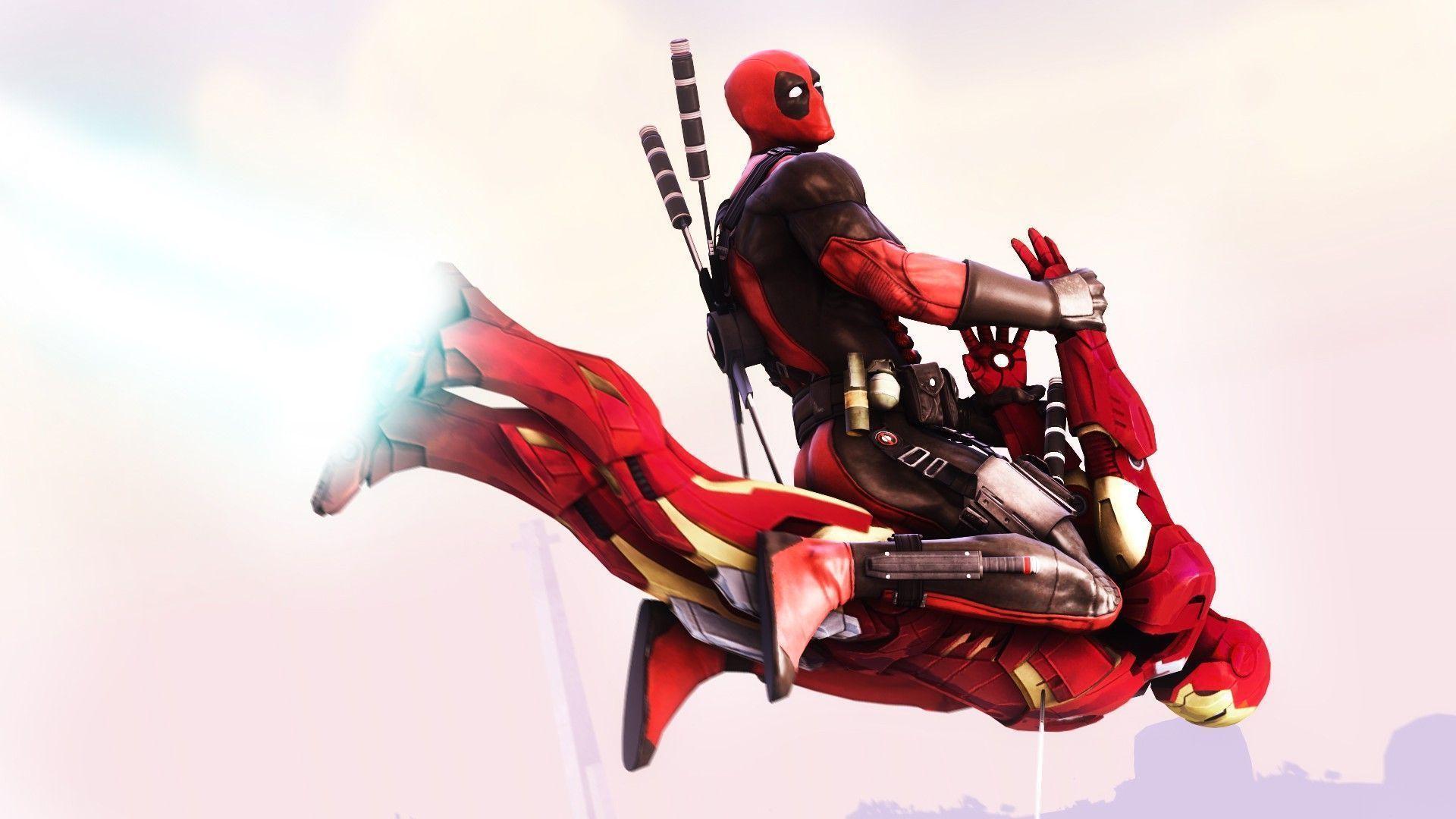 Deadpool flying on Iron Man Wallpapers