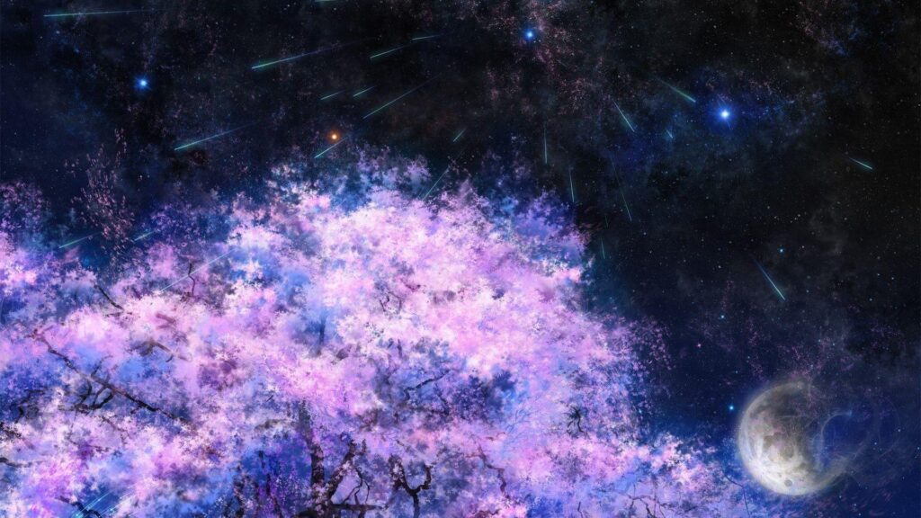 Art painting, cherry trees, space, meteor shower Wallpapers