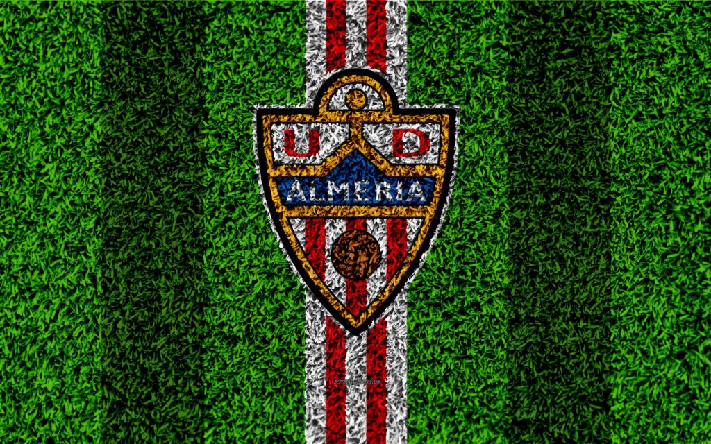 Download wallpapers UD Almeria, logo, k, football lawn, Spanish