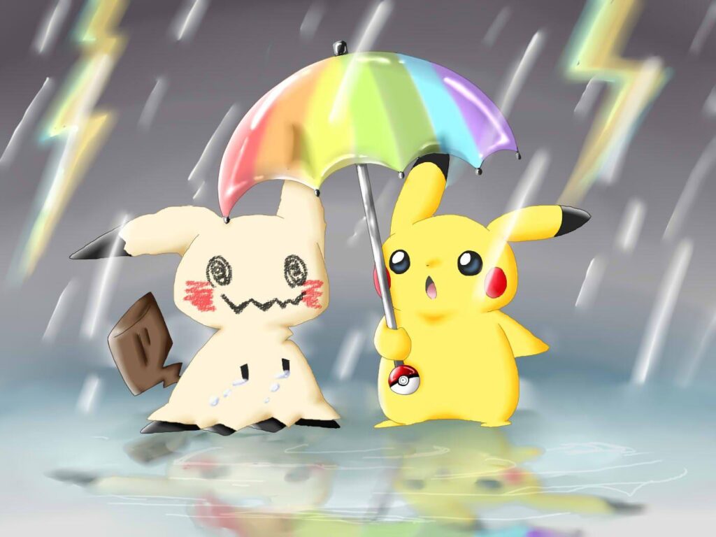 Pikachu protecting Mimikyu from the rain