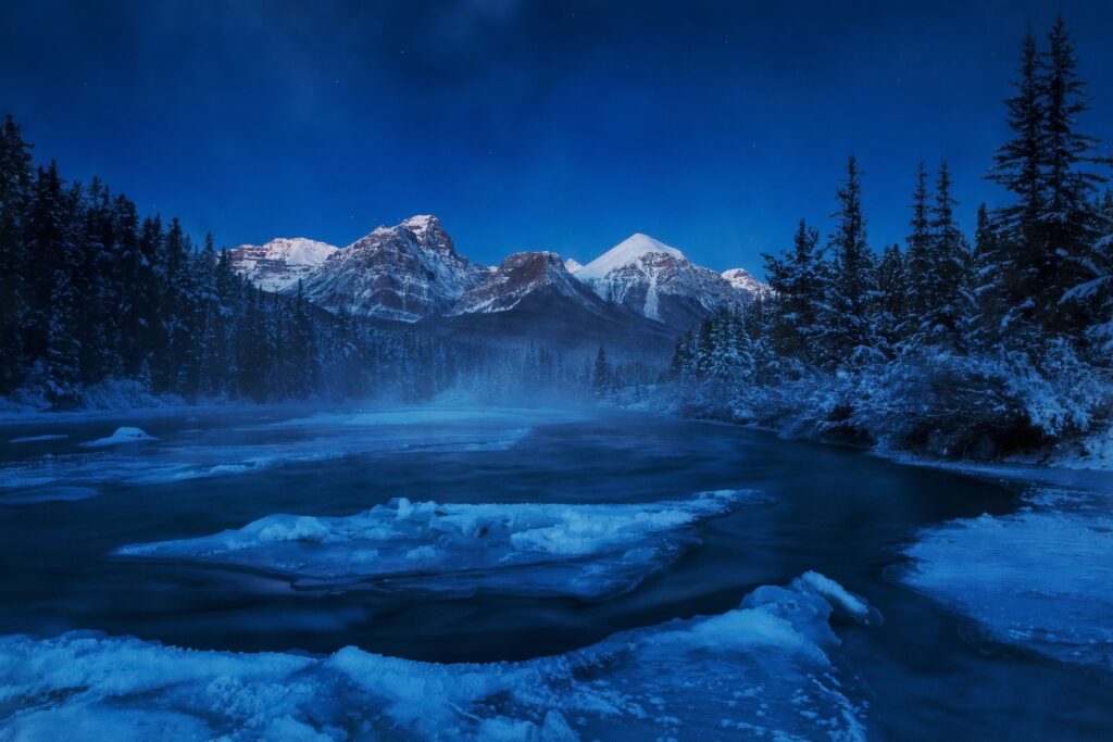 Firs, winter, landscape, snow, river, Canada Wallpapers