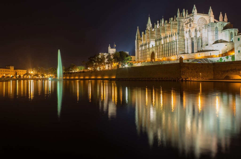 Architecture, at night, building, cathedral, church, city, lights